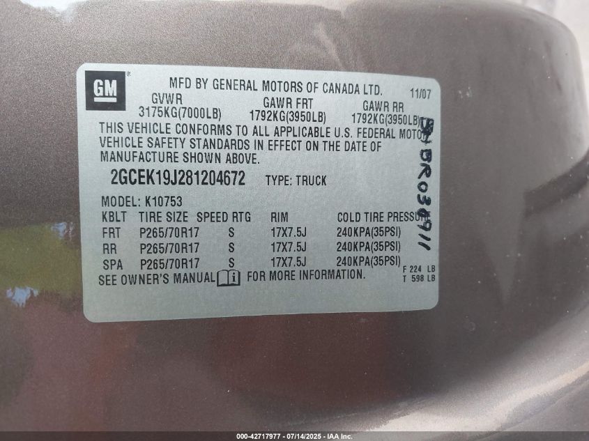 2008 Chevrolet Silverado 1500 Lt1 VIN: 2GCEK19J281204672 Lot: 42717977