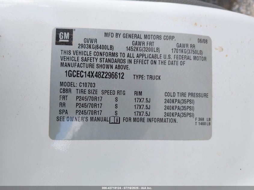 2008 Chevrolet Silverado 1500 Work Truck VIN: 1GCEC14X48Z296612 Lot: 42718124