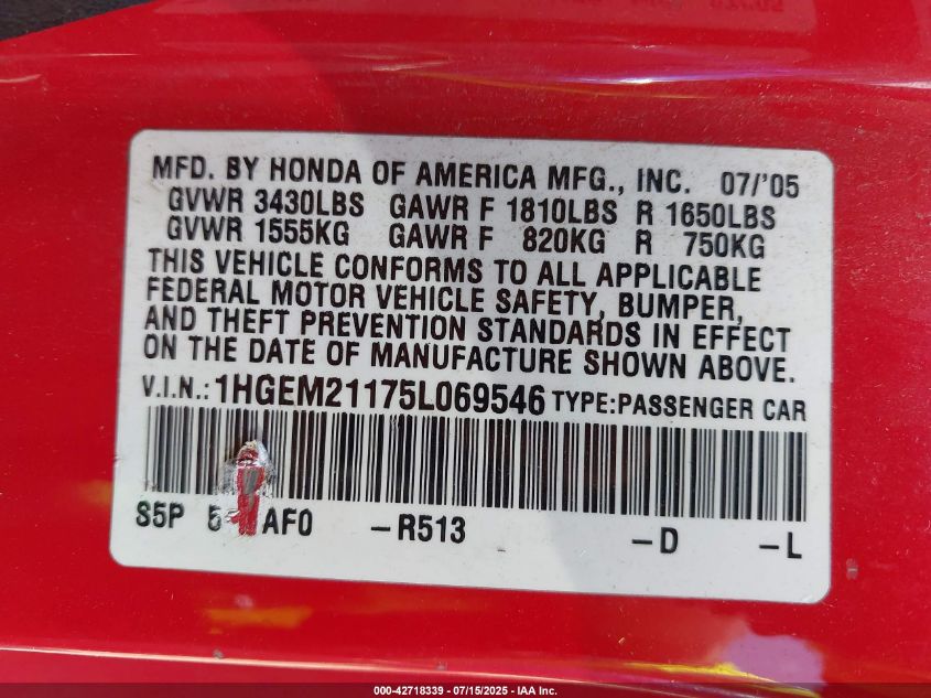 2005 Honda Civic Vp VIN: 1HGEM21175L069546 Lot: 42718339