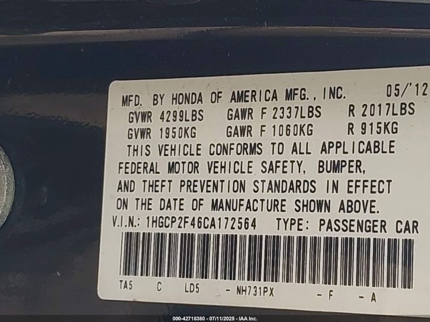 2012 Honda Accord 2.4 Lx-P VIN: 1HGCP2F46CA172564 Lot: 42718380