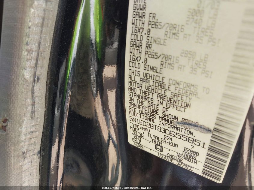 2003 Nissan Xterra Xe VIN: 5N1ED28T83C655851 Lot: 42718502