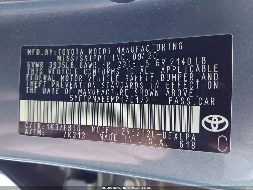 2021 TOYOTA COROLLA LE - 5YFEPMAE8MP170122