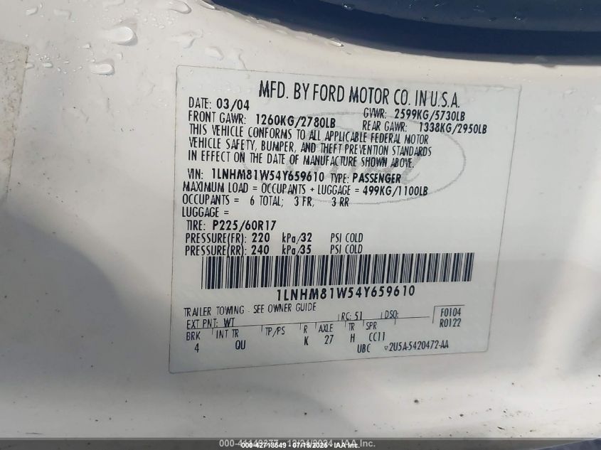 2004 Lincoln Town Car Signature VIN: 1LNHM81W54Y659610 Lot: 42718549