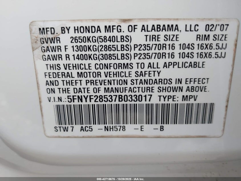 5FNYF28537B033017 2007 HONDA PILOT photo no. 9