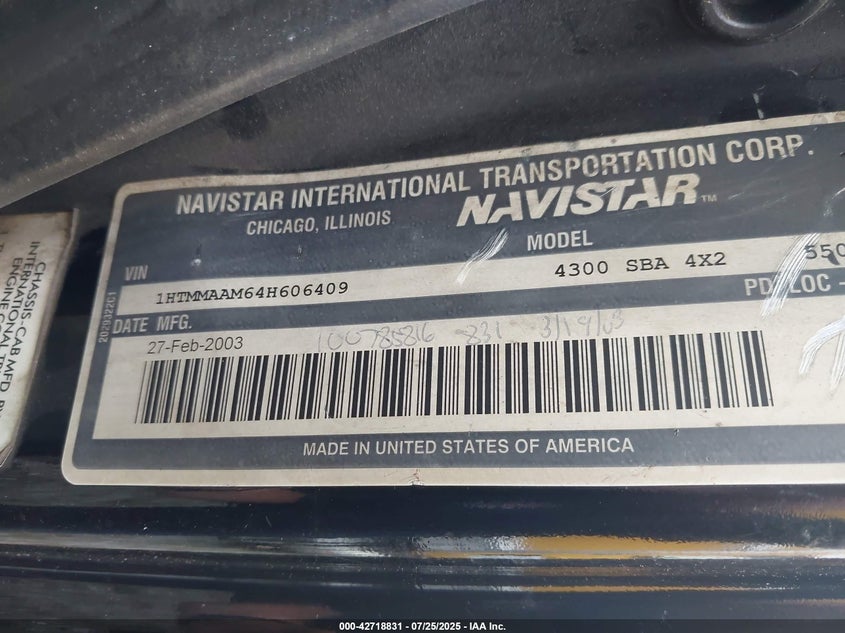 2004 International 4000 4300 VIN: 1HTMMAAM64H606409 Lot: 42718831