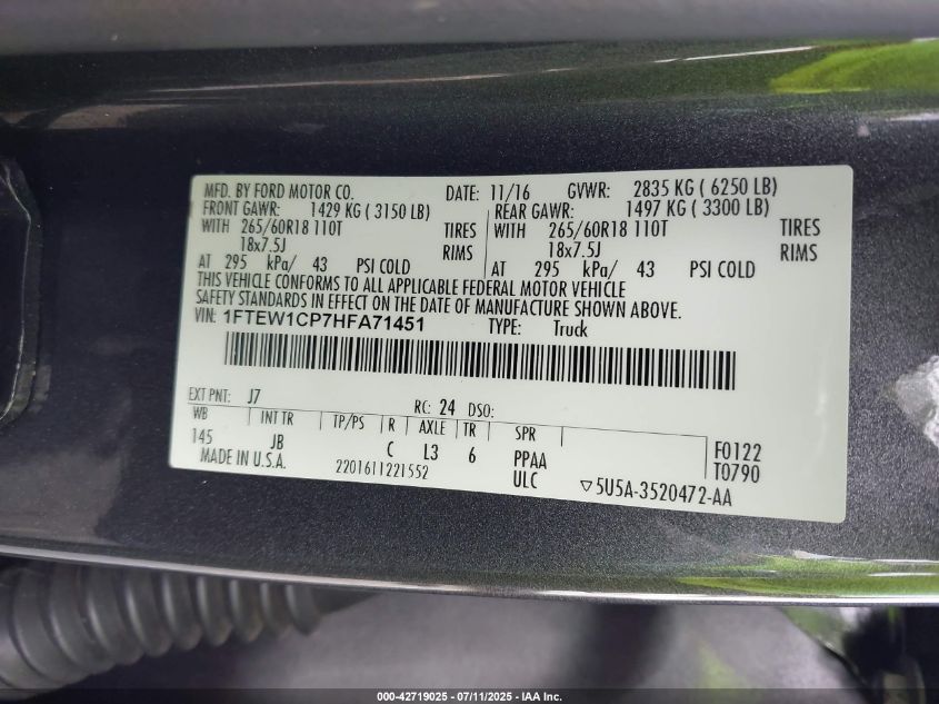 2017 Ford F-150 Xlt VIN: 1FTEW1CP7HFA71451 Lot: 42719025