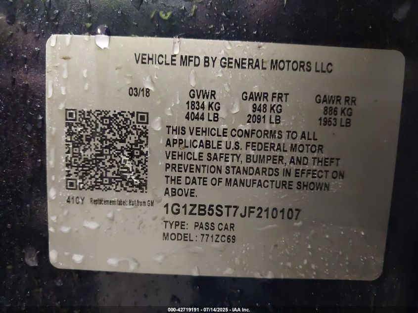 2018 Chevrolet Malibu 1Ls VIN: 1G1ZB5ST7JF210107 Lot: 42719191