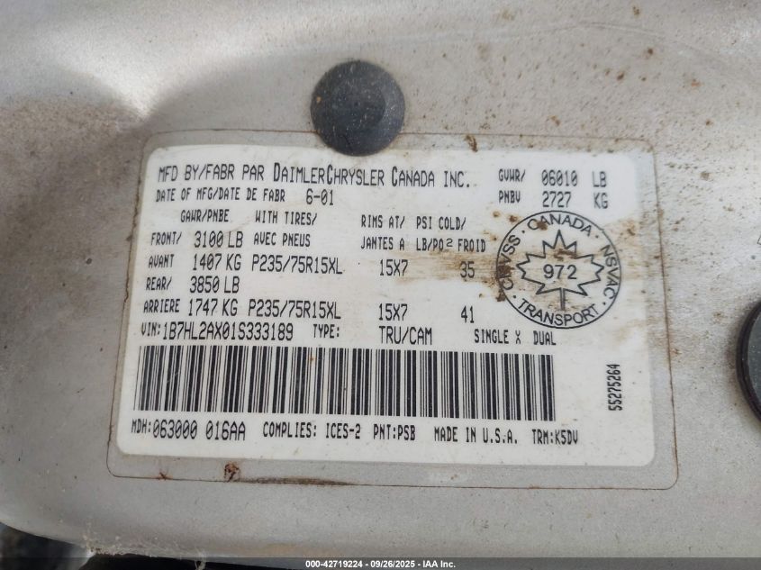 2001 Dodge Dakota Slt/Sport VIN: 1B7HL2AX01S333189 Lot: 42719224