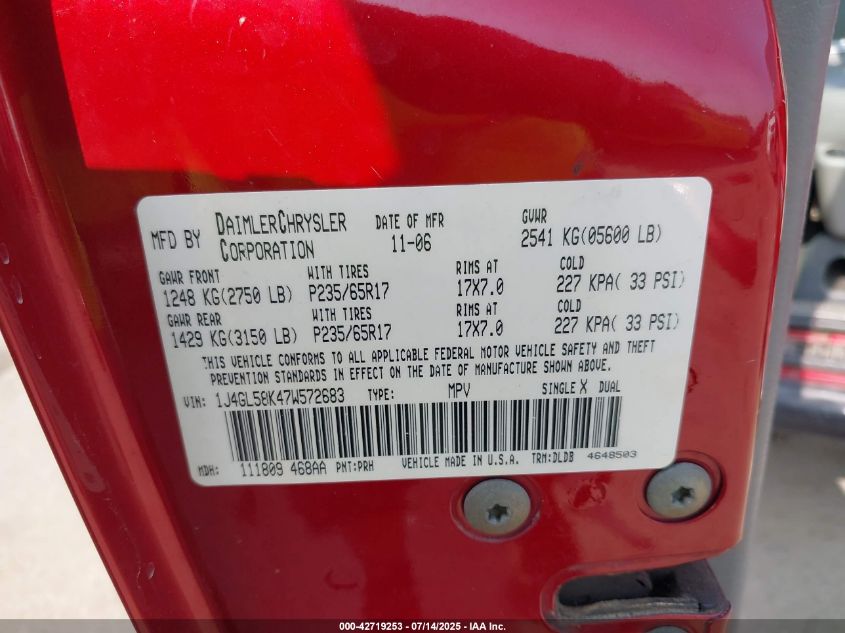 2007 Jeep Liberty Limited Edition VIN: 1J4GL58K47W572683 Lot: 42719253