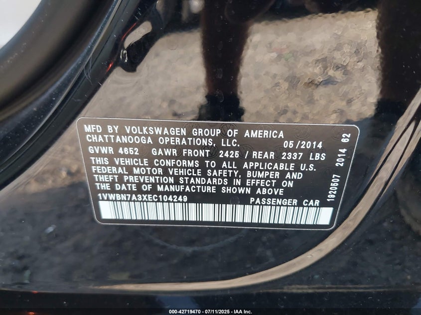 2014 VOLKSWAGEN PASSAT 2.0L TDI SE - 1VWBN7A3XEC104249