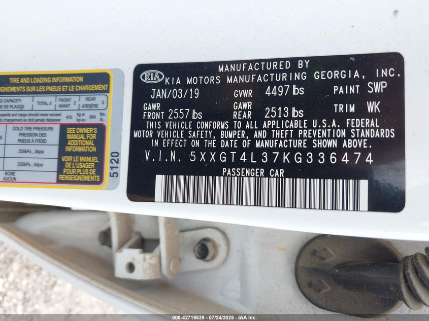 2019 Kia Optima Lx VIN: 5XXGT4L37KG336474 Lot: 42719539