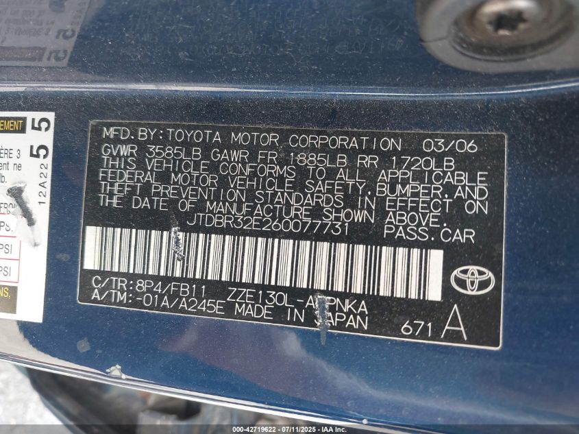 2006 Toyota Corolla Le VIN: JTDBR32E260077731 Lot: 42719622