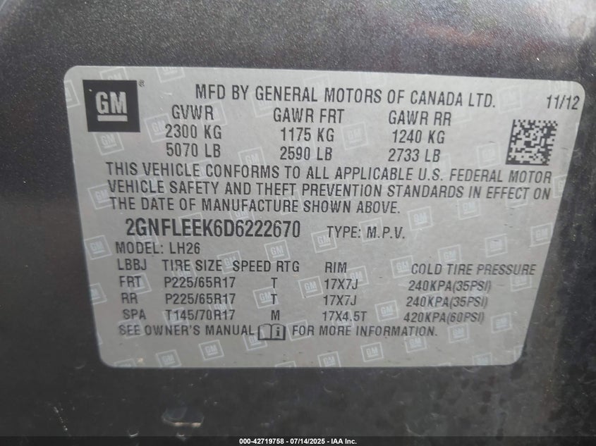 2013 CHEVROLET EQUINOX LT - 2GNFLEEK6D6222670