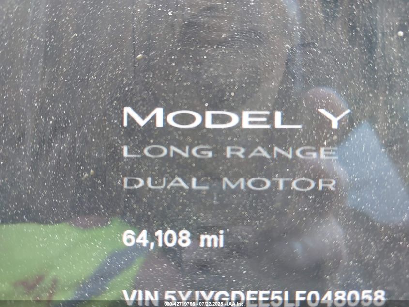 2020 Tesla Model Y Long Range Dual Motor All-Wheel Drive VIN: 5YJYGDEE5LF048058 Lot: 42719766
