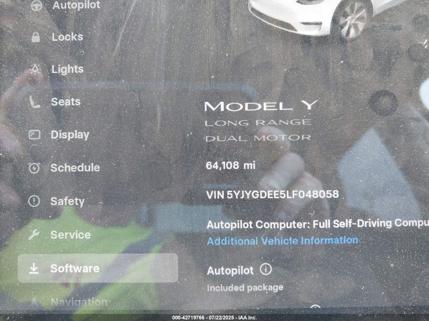 2020 Tesla Model Y Long Range Dual Motor All-Wheel Drive VIN: 5YJYGDEE5LF048058 Lot: 42719766