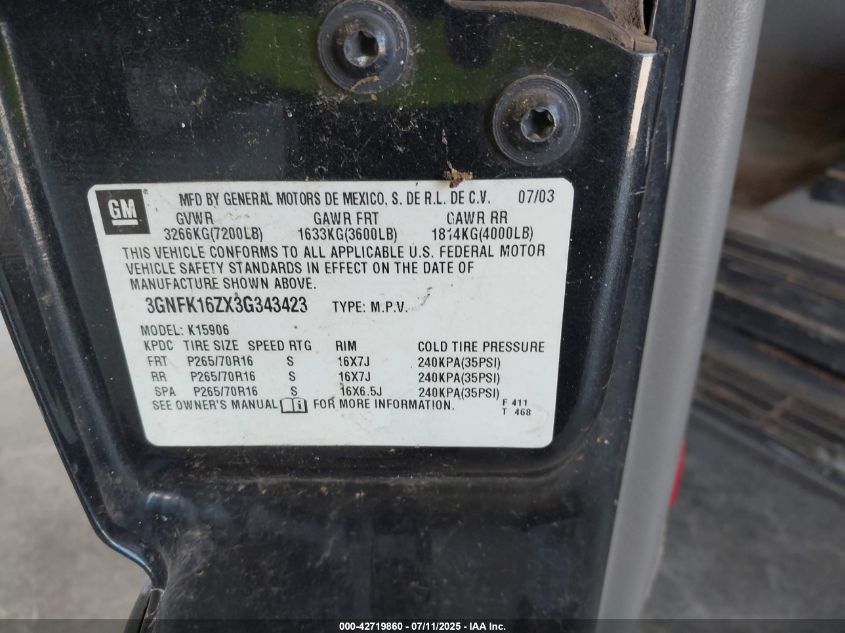 2003 Chevrolet Suburban 1500 Lt VIN: 3GNFK16ZX3G343423 Lot: 42719860