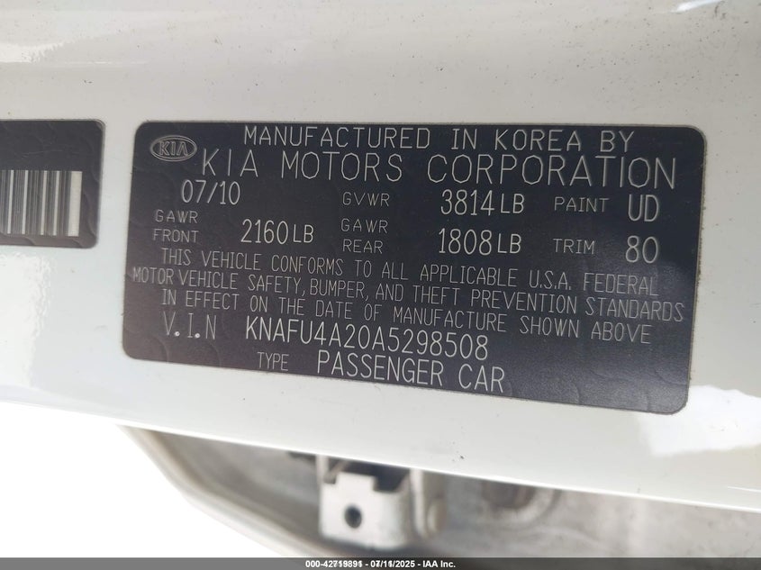 2010 Kia Forte Ex VIN: KNAFU4A20A5298508 Lot: 42719891