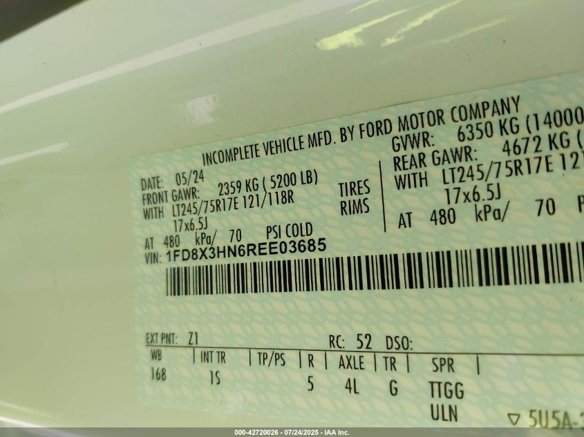 2024 Ford F-350 Chassis Xl VIN: 1FD8X3HN6REE03685 Lot: 42720026