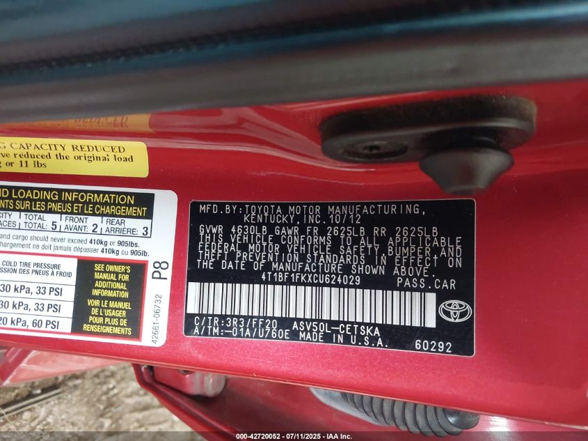 2012 Toyota Camry Se Limited Edition VIN: 4T1BF1FKXCU624029 Lot: 42720052