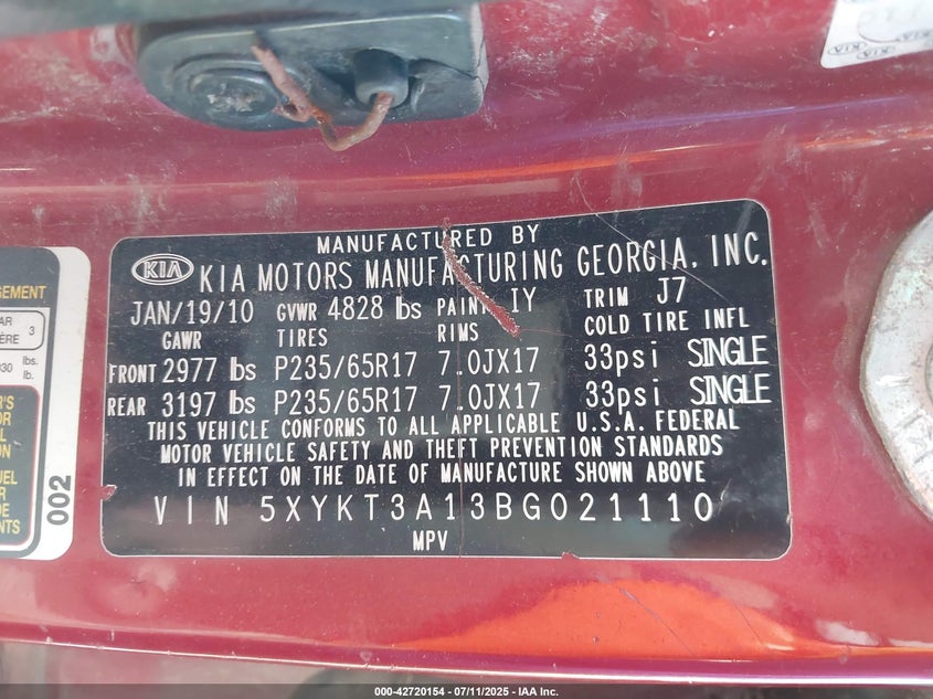 2011 Kia Sorento Lx VIN: 5XYKT3A13BG021110 Lot: 42720154