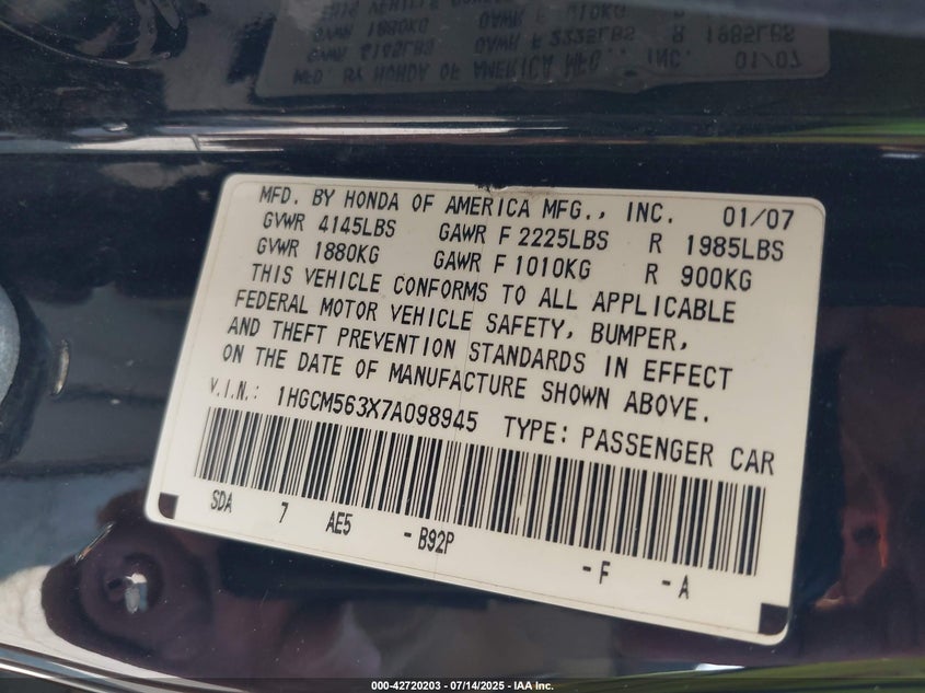 2007 Honda Accord 2.4 Se VIN: 1HGCM563X7A098945 Lot: 42720203