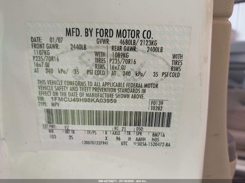 2008 Ford Escape Hybrid VIN: 1FMCU49H98KA03959 Lot: 42720271