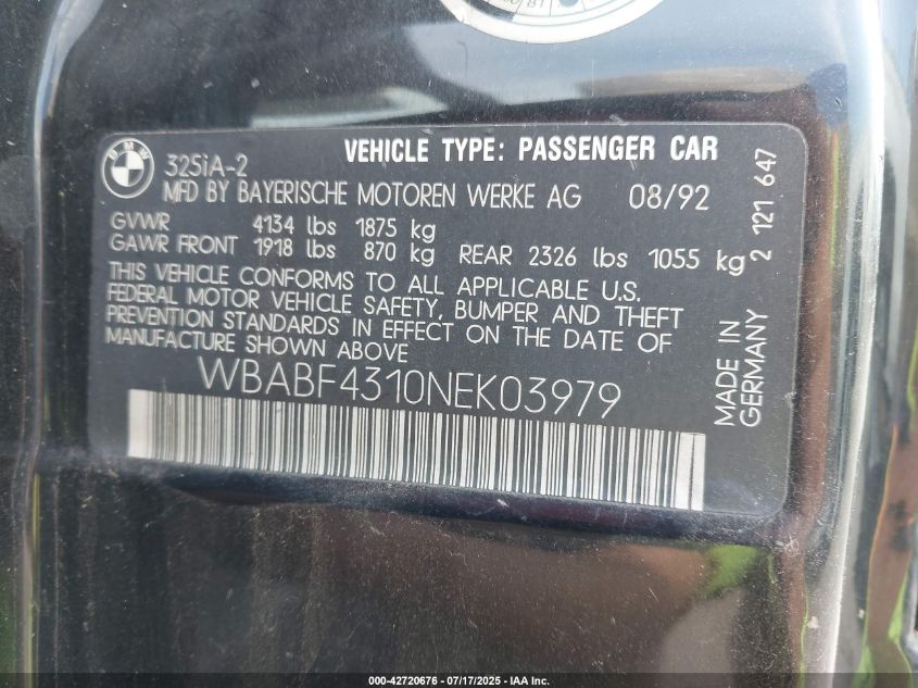 1992 BMW 325 Is Automatic VIN: WBABF431ONEK03979 Lot: 42720676