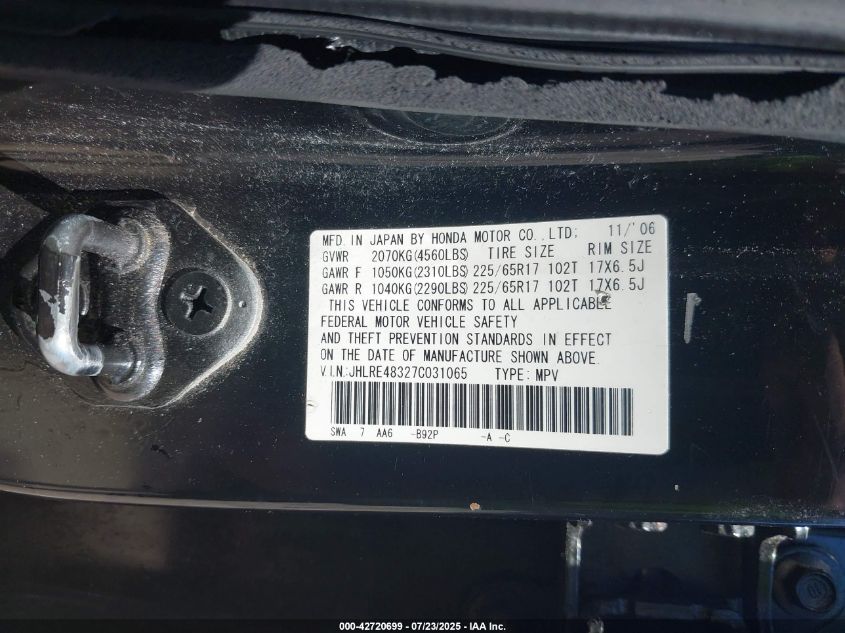 2007 Honda Cr-V Lx VIN: JHLRE48327C031065 Lot: 42720699