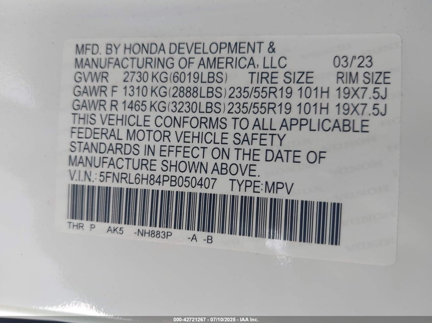 2023 Honda Odyssey Touring VIN: 5FNRL6H84PB050407 Lot: 42721267