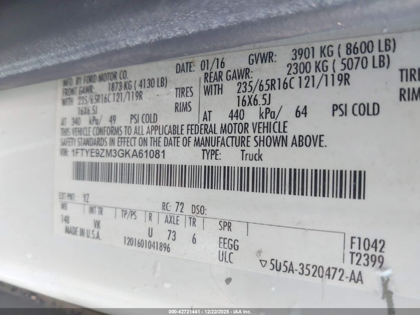 2016 Ford Transit-150 VIN: 1FTYE9ZM3GKA61081 Lot: 42721441