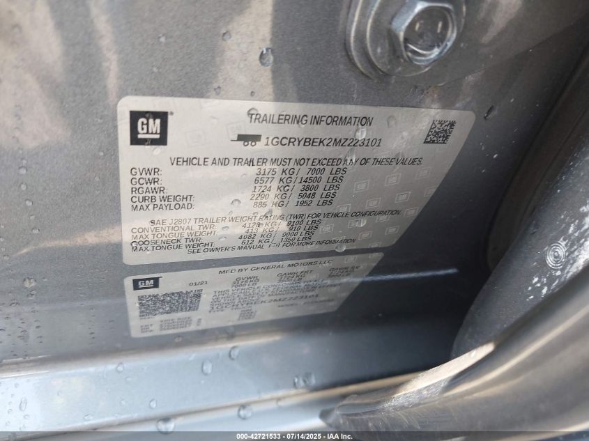 2021 Chevrolet Silverado 1500 4Wd Double Cab Standard Bed Custom VIN: 1GCRYBEK2MZ223101 Lot: 42721533
