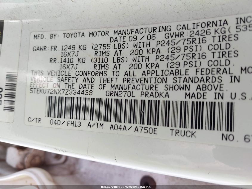 2007 Toyota Tacoma Prerunner V6 VIN: 5TEKU72NX7Z334433 Lot: 42721892