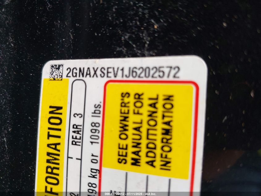 2018 Chevrolet Equinox Lt VIN: 2GNAXSEV1J6202572 Lot: 42722012