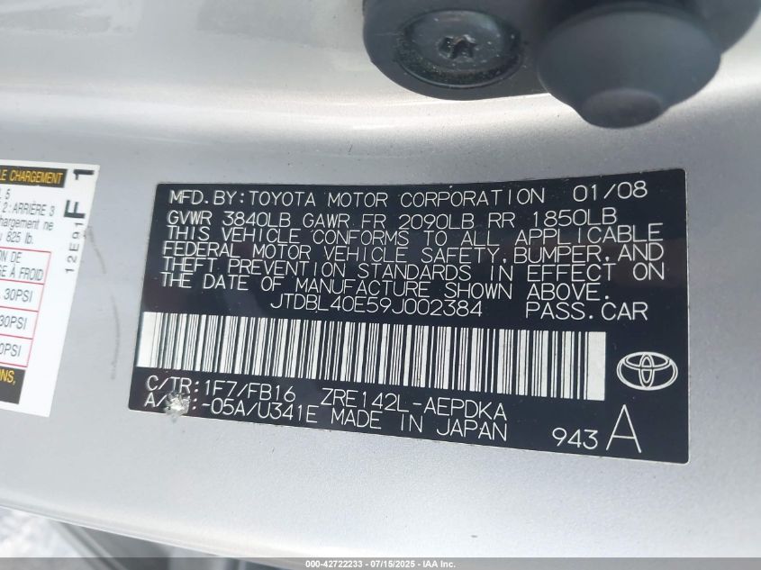 2009 Toyota Corolla Le VIN: JTDBL40E59J002384 Lot: 42722233