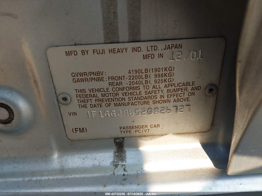 2002 Subaru Impreza Wrx VIN: JF1GG29652G826727 Lot: 42722238