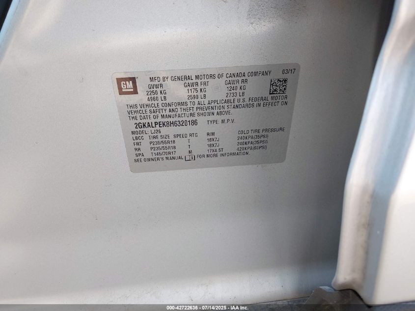 2017 GMC Terrain Slt VIN: 2GKALPEK8H6320186 Lot: 42722636