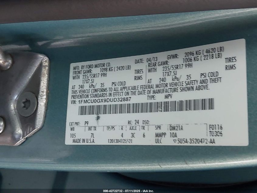 2013 Ford Escape Se VIN: 1FMCU0GX9DUP32887 Lot: 42722732