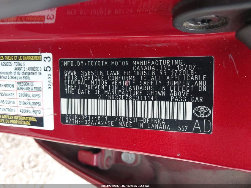 2008 Toyota Corolla Le VIN: 2T1BR32E78C911145 Lot: 42722737