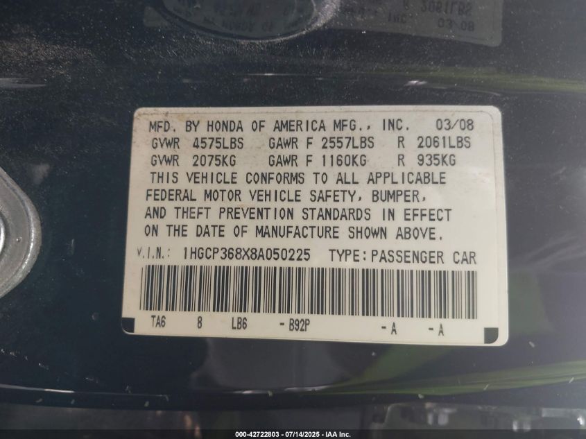 2008 Honda Accord 3.5 Ex-L VIN: 1HGCP368X8A050225 Lot: 42722803