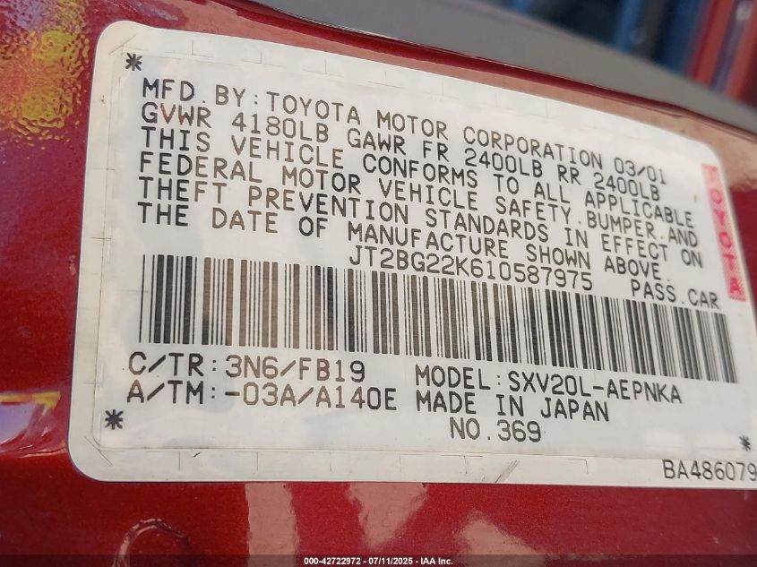 2001 Toyota Camry Le VIN: JT2BG22K610587975 Lot: 42722972