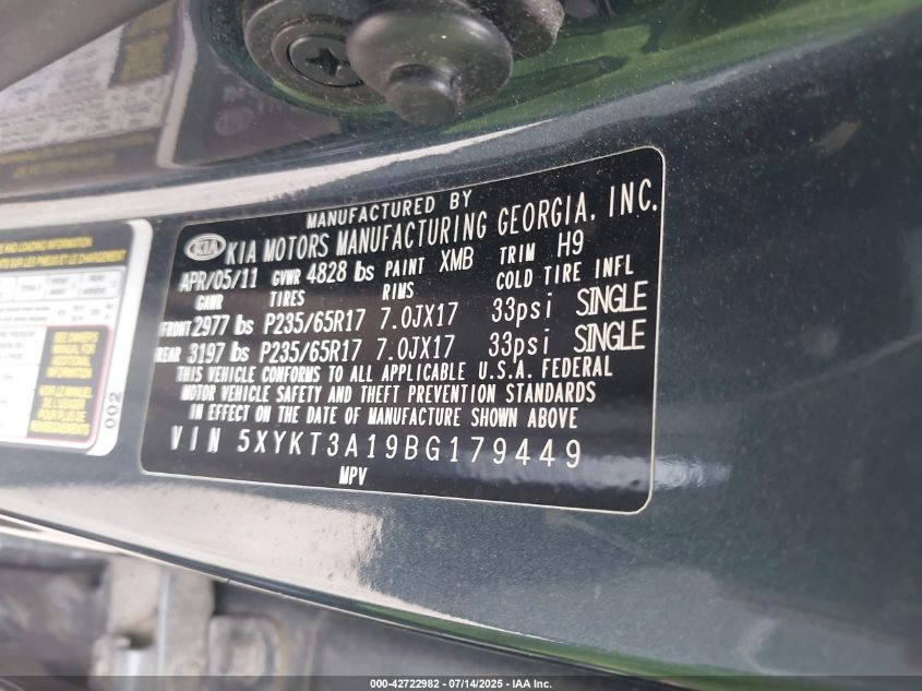 2011 Kia Sorento Lx VIN: 5XYKT3A19BG179449 Lot: 42722982