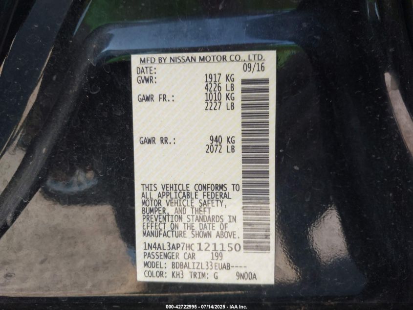 2017 Nissan Altima 2.5/2.5 S/2.5 Sl/2.5 Sr/2.5 Sv VIN: 1N4AL3AP7HC121150 Lot: 42722995