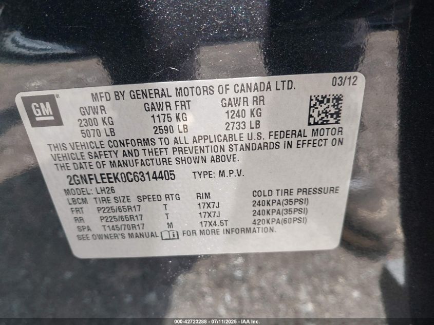 2012 Chevrolet Equinox 1Lt VIN: 2GNFLEEK0C6314405 Lot: 42723288