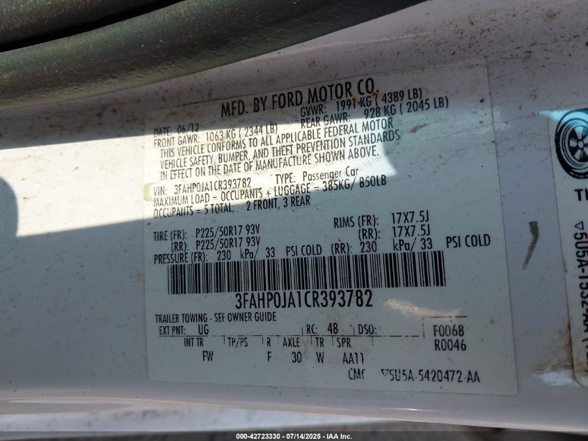 2012 Ford Fusion Sel VIN: 3FAHP0JA1CR393782 Lot: 42723330