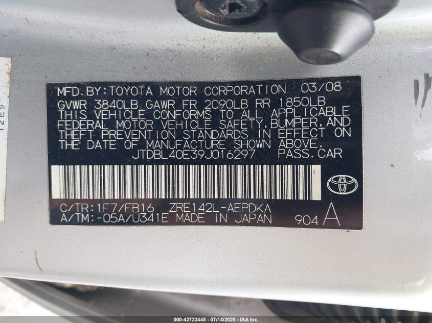 2009 Toyota Corolla Le VIN: JTDBL40E39J016297 Lot: 42723448