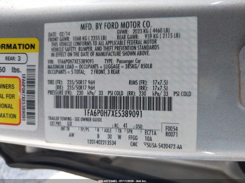 2014 Ford Fusion Se VIN: 1FA6P0H7XE5389091 Lot: 42723463