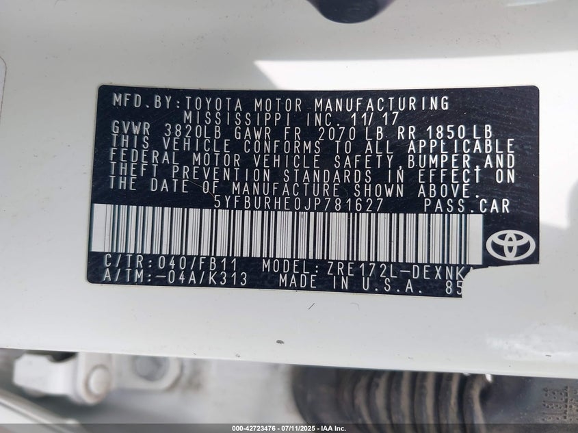 2018 Toyota Corolla Le VIN: 5YFBURHE0JP781627 Lot: 42723476