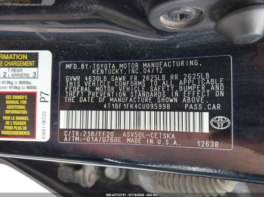 2012 Toyota Camry Se VIN: 4T1BF1FK4CU095998 Lot: 42723793