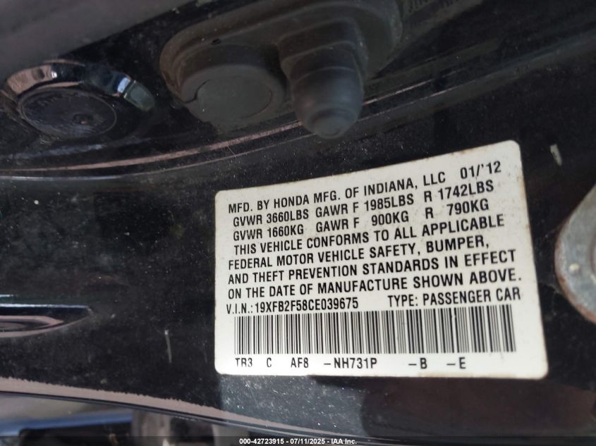 2012 Honda Civic Lx VIN: 19XFB2F58CE039675 Lot: 42723915