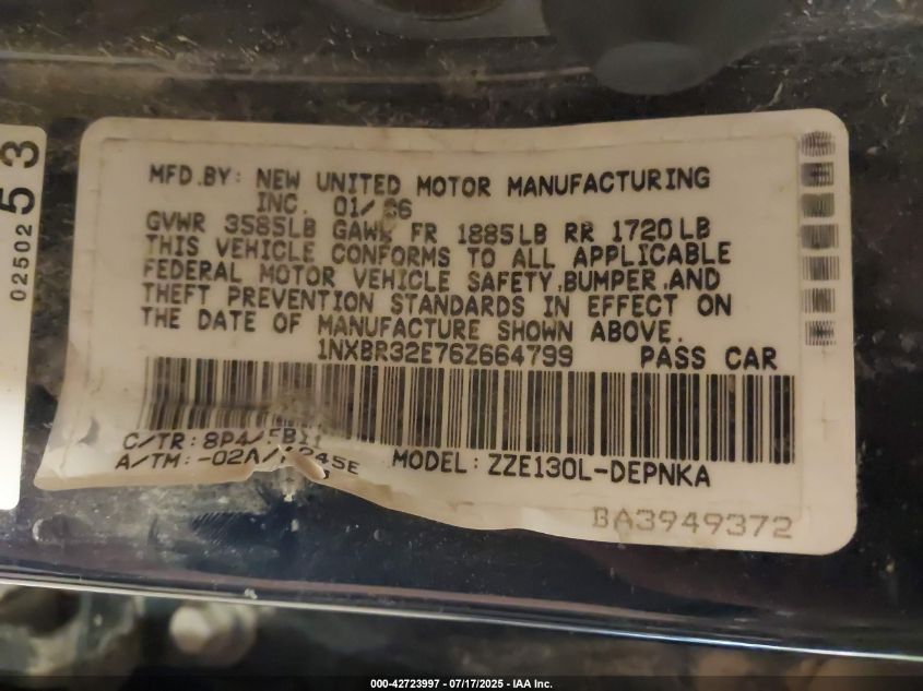 2006 Toyota Corolla Le VIN: 1NXBR32E76Z664799 Lot: 42723997